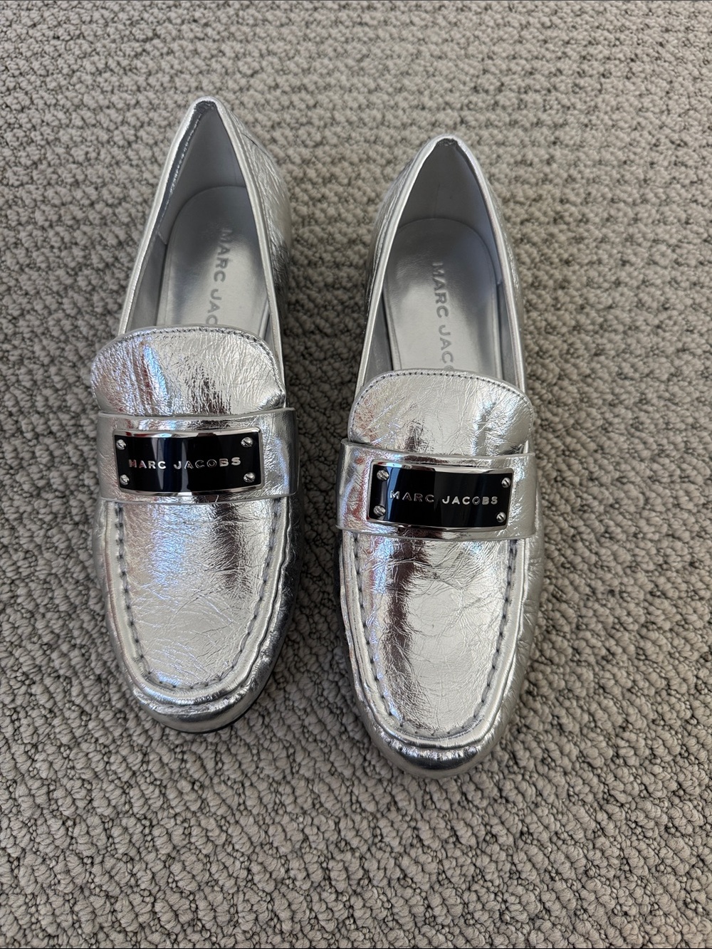 Marc Jacobs Silver Metallic Logo Loafers